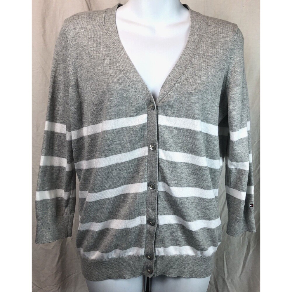 Vtg Tommy Hilfiger Soft Knit Bottom Cardigan M Gray Stripe 3/4 Sleeve Y2K Preppy